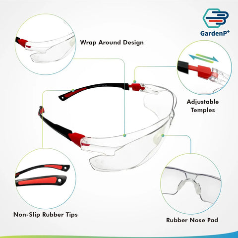 Kick Ass UV Safety Glasses With Wraparound Lens For Work And Sports Ansi Z87.1 Rated showing adjustable red black temples and nose pad.