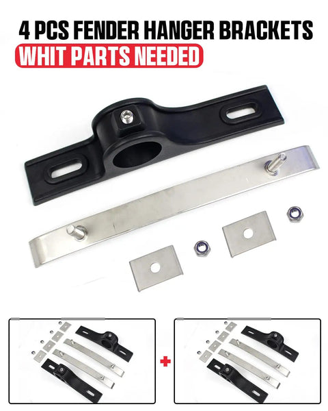 4 Piece Heavy Duty Fender Brackets Assembly Oem 8591005 Truck Hanger Mount Built For Freightliner Kenworth Peterbilt Dump Trailers And Flatbeds showing stainless and polymer components.