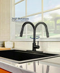 Friho Matte Black Kitchen Faucet with Pull Down Sprayer, Single Handle High Arc Stainless Steel, Deck Plate for 1/3 Hole Installation, 360-degree rotation feature showcased.