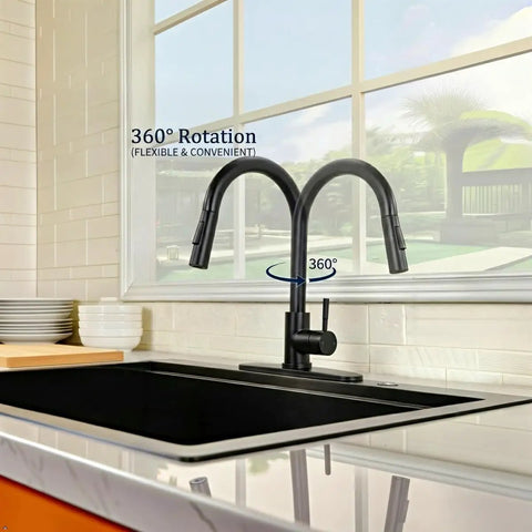 Friho Matte Black Kitchen Faucet with Pull Down Sprayer, Single Handle High Arc Stainless Steel, Deck Plate for 1/3 Hole Installation, 360-degree rotation feature showcased.