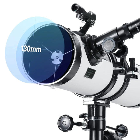 Close-up of 130EQ Reflector Telescope With 650mm Focal Length And 130mm Aperture Easy Manual Equatorial Mount for adult stargazers.