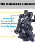 Black caliper from All In One Mechanical Bike Disc Brake Kit With Front And Rear Calipers Two 160mm Rotors Cables Levers And Mounting Screws Red BB7 Style System No Hassle Plug And Play Ready To Ride, showing 74mm height and 51mm mounting screw distance.