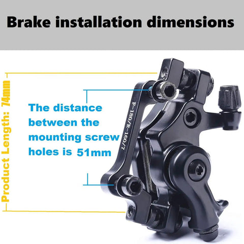 Black caliper from All In One Mechanical Bike Disc Brake Kit With Front And Rear Calipers Two 160mm Rotors Cables Levers And Mounting Screws Red BB7 Style System No Hassle Plug And Play Ready To Ride, showing 74mm height and 51mm mounting screw distance.