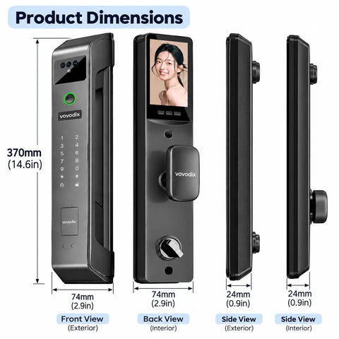 Heavy Duty Smart Lock With Slick Face And Fingerprint Scanner Keypad Deadbolt showing product dimensions and views.