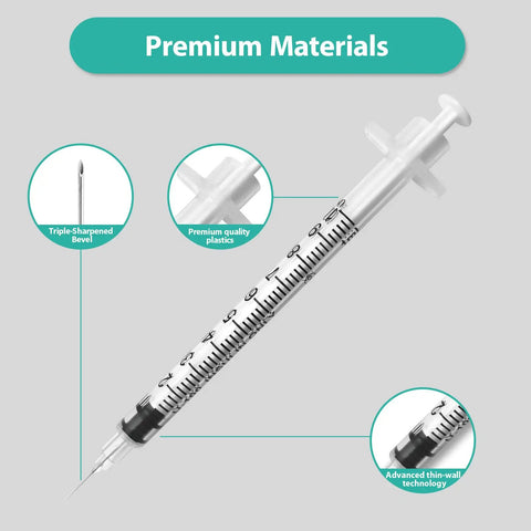 Syringes With Needle 30 Pack U-100 1ml 30G 5/16 Inch 8mm Sterile Individually Wrapped For Clear Measurements And Accurate Dosing In Lab And Medical Prep. Single 1ml syringe with 30G needle and clear scale, premium plastic