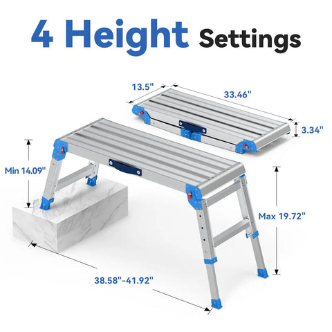 Heavy Duty Aluminum Work Platform Supports Up To 600 Lbs With One Touch Automatic Fold Stable On Steps With Reinforced Non Slip Top And Wide Legs Quick Two Step Fold No Tools Required For Diy And Pros, 4 height settings