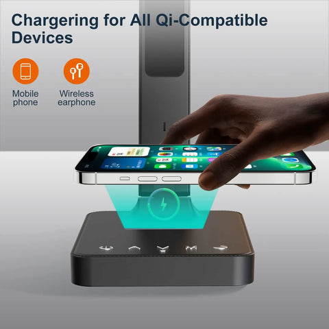 LED Desk Lamp With Wireless Charger And USB Port, Built-In Clock, charging phone on wireless pad