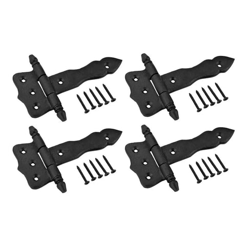 5 Inch Black Wrought Iron Antique Style Barn Door Hinge Set With Hardware Pack Of 4, Flush Mount Cast Iron Hinges, Rustic Colonial Black