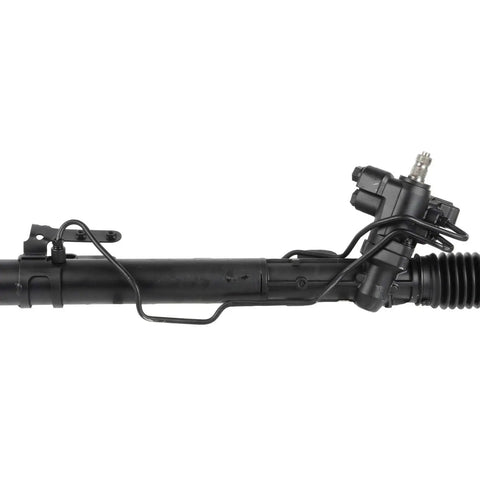 Remanufactured Hydraulic Power Rack And Pinion Steering Gear EPS Compatible side view, showcasing black metal construction and installation hardware.