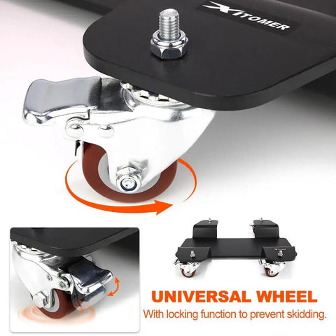 Heavy Duty Motorcycle Dolly With 360 Degree Casters Center Stand Mover For Easy Maneuver In Tight Spaces Holds Up To 800 Lbs Fits Cruisers Sportbikes And Scooters 21.6 Inches Wide Ready To Roll, close-up of universal wheel with locking function