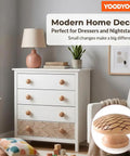 Handmade Mushroom Wood Cabinet Knobs 4 Pack With Unique Engraved Patterns on white dresser in modern room