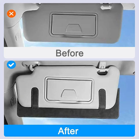 Custom Cut Sun Visor Extender Shield For Tesla Cybertruck 2024 To 2026 showcasing before and after installation with premium suede material.