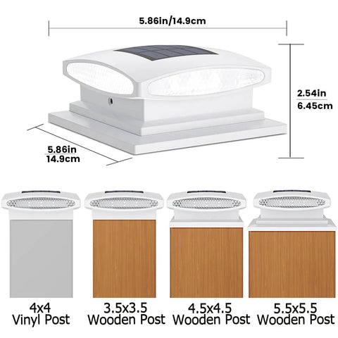 Diagram of Solar Post Cap Lights With 24 LEDs Two Color Modes Warm White And Cool White for 4x4 5x5 6x6 Posts, dimensions labeled