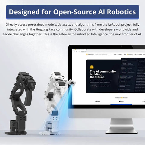 Ditch The Toy Store Robots And Build Your Own Badass AI Robotic Arm Kit Fully Synced With LeRobot Open Source Hub showcasing black and white robotic arms next to a computer.