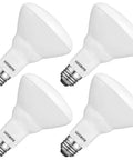 Four BR30 LED Flood Light Bulbs 65W Equivalent, 3000K Soft White, Dimmable, 650 Lumens, 8.5W, Energy Star, Damp Rated, E26 Base displayed