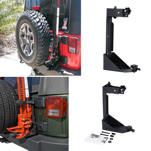 Rear High Lift Jack Mount Carrier For 2007 2017 Jeep Wrangler JK installed on tailgate with heavy-duty design.