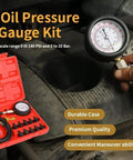Oil pressure tester kit with red case and 0-140 PSI gauge, includes hoses and adapters