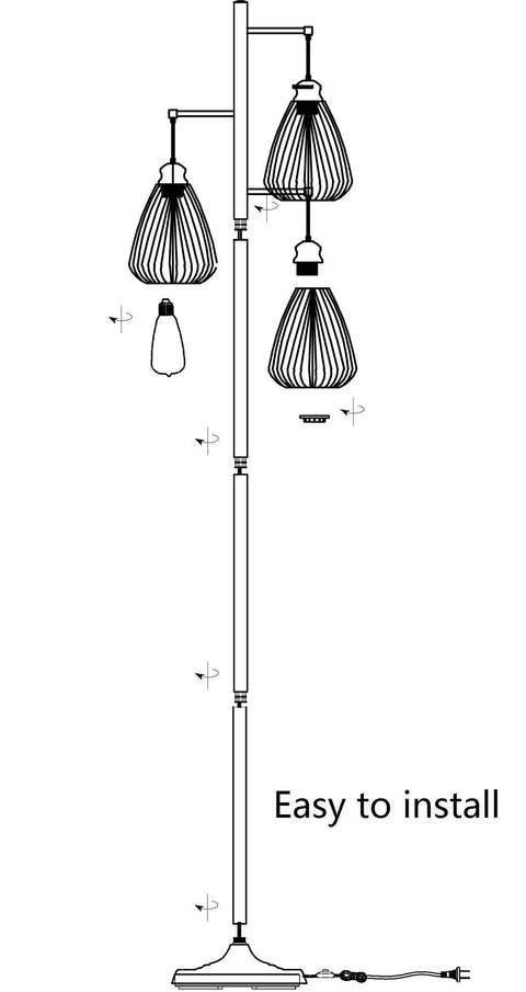 Industrial Rustic Floor Lamp With Three Teardrop Cage Shades Tall Modern Standing Light For Living Room And Home Office Minimalist Chrome Pole Lamp With Edison Style Bulbs Included, installation diagram.