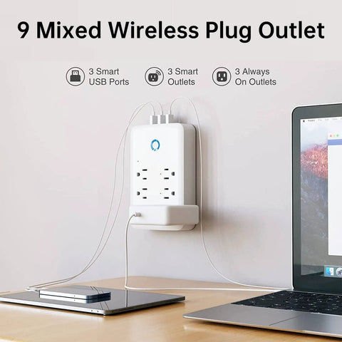 Smart Power Strip With 6 Outlets And 3 USB Ports, WiFi Surge Protector Works With Alexa And Google Home, shown on wall