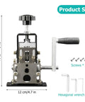 Effortless Manual Wire Stripper for copper cables with hand crank, steel frame, and included tools, product size shown.