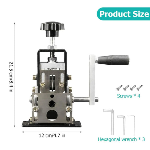 Effortless Manual Wire Stripper for copper cables with hand crank, steel frame, and included tools, product size shown.