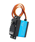 Heavy Duty Digital Servo Motor Pushing 35kg Torque On 7.4V High Voltage Full Metal Gear Assembly 360 Continuous Rotation Heat Protected Setup, blue-black design with wires.