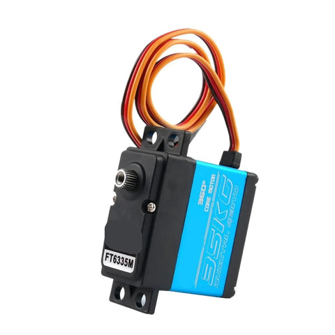 Heavy Duty Digital Servo Motor Pushing 35kg Torque On 7.4V High Voltage Full Metal Gear Assembly 360 Continuous Rotation Heat Protected Setup, blue-black design with wires.