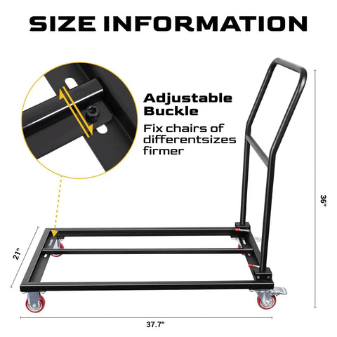 Heavy Duty Folding Chair Dolly Cart for 25 Chairs With 4 Casters, L Shape Flat Stacking Chair Rack, 1500 Lbs Capacity, Black with adjustable buckle