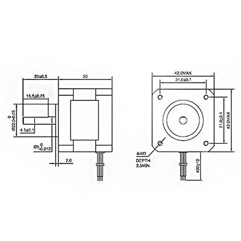 2 Pack Nema 17 Stepper Motors For DIYers And Makers Of 3D Printers And CNC Machines - 1A 13Ncm 42x42x20mm, 4 Wire 2 Phase, 5mm Shaft, Quiet High Torque, Reliable Precision Motion Control For Prototyping And Hobby Projects. NEMA 17 motor dimension drawing with 42x42x20mm frame, 5mm shaft, and 4-hole mount