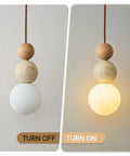 Wabi Sabi Travertine Pendant Light with Wood Ball & Milk Glass Shade, showcasing natural stone, wooden bead, on/off lighting.