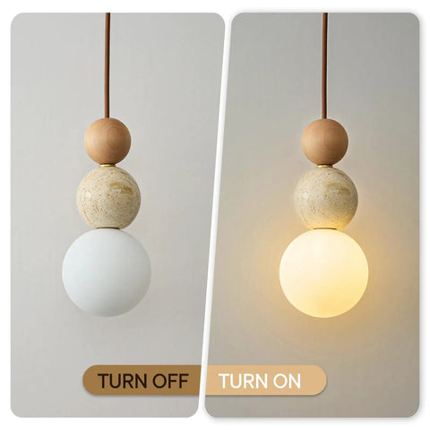 Wabi Sabi Travertine Pendant Light with Wood Ball & Milk Glass Shade, showcasing natural stone, wooden bead, on/off lighting.