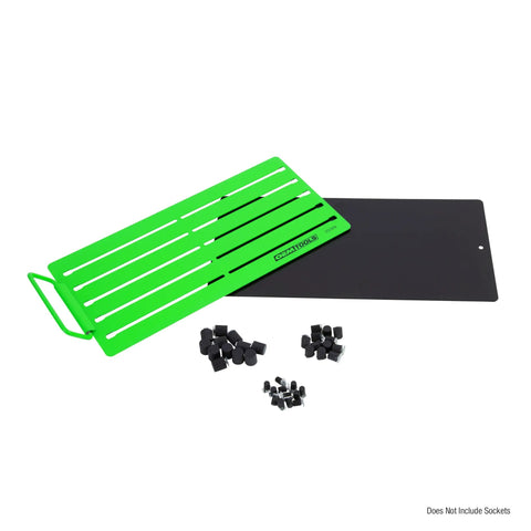 Green Pro Magnetic Socket Tray With Customizable Ratchet Organizer And Adjustable Drive Studs, shown with components, portable design.