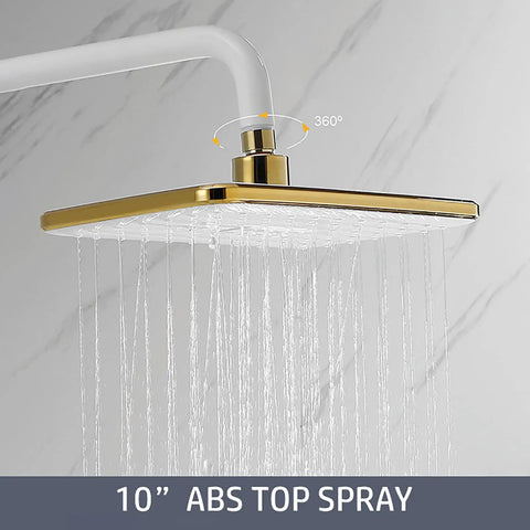 UBNMIUBV Shower System with Shower Head, Shower Combo Set Wall Mount Shower Faucet Set Double Handle Rain Mixer Shower Combo Set with 3 Mode Handheld Shower, Waterfall Tub Spout,C,Black Chrome 10-inch gold ABS shower head with water flowing.