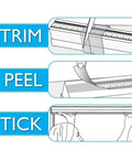 Step-by-step guide showing trim, peel, and stick installation for No Tools Easy Lift Cordless Cellular Blackout Shade White With Trim