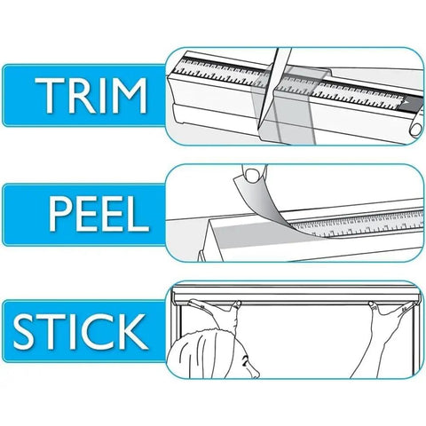Step-by-step guide showing trim, peel, and stick installation for No Tools Easy Lift Cordless Cellular Blackout Shade White With Trim