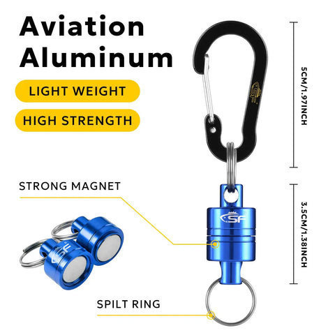 Ultra Strong Magnetic Release Holder With Coiled Lanyard And Aluminum Alloy Hook In Blue showing carabiner and strong magnet