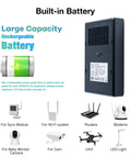 DC UPS Battery Backup Uninterruptible Power Supply with 18W Output for routers and modems, side view with large capacity battery.