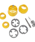 Ppr Pipe Threader Kit With 4 Inch Hex Shank Designed For G1/2 And G3/4 Standard Threads, yellow and gray components arranged.