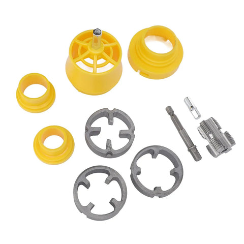 Ppr Pipe Threader Kit With 4 Inch Hex Shank Designed For G1/2 And G3/4 Standard Threads, yellow and gray components arranged.