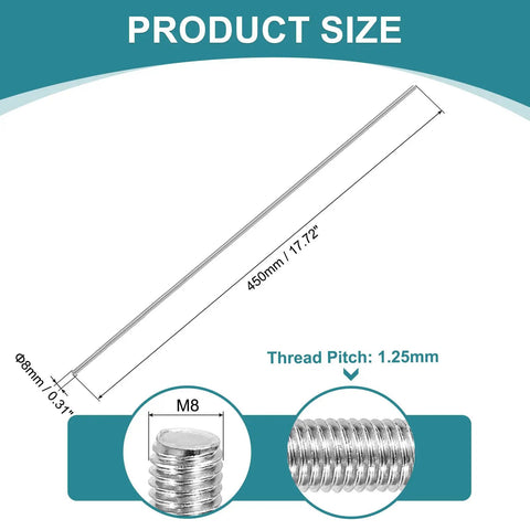 Diagram of Fully Threaded M8-1.25 Rod 450mm Stainless Steel Right Hand Studs with dimensions and thread details.