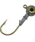 GoldenEye One Eighth Ounce Jig Head For Inshore Fishing, five-count bag with soft plastic lures, close-up view of one jig head