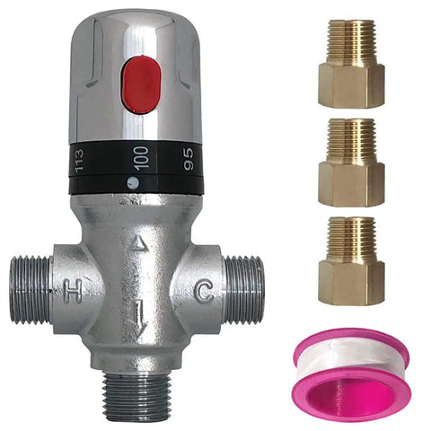 Three Way Thermostatic Mixing Valve With 1/2NPT Connections in solid brass, includes three brass adapters and tape, for safe water temperature control.