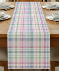 Pastel Colorful Plaid Linen Table Runner 72 Inch Long For Kitchen Island And Dining Room Decor Indoor Outdoor Party Ready 13x72 Inch Valentines Day Theme Soft Durable Linen For Everyday Home Kitchen displayed on wooden table set for dining
