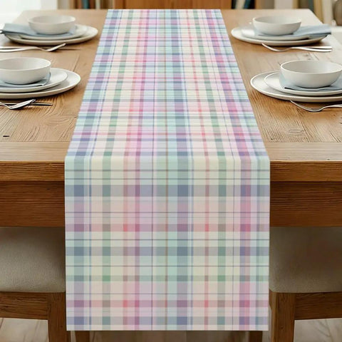 Pastel Colorful Plaid Linen Table Runner 72 Inch Long For Kitchen Island And Dining Room Decor Indoor Outdoor Party Ready 13x72 Inch Valentines Day Theme Soft Durable Linen For Everyday Home Kitchen displayed on wooden table set for dining