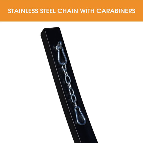 Beefed Up 13.5 Ft Steel Arc Hammock Stand With Carabiner And Chain close-up showing stainless steel chain attachment