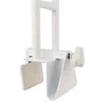 Close-up of white adjustable bathtub safety rail grab bar with secure padded clamp for shower, stainless steel mobility aid for elderly