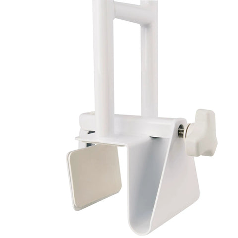 Close-up of white adjustable bathtub safety rail grab bar with secure padded clamp for shower, stainless steel mobility aid for elderly