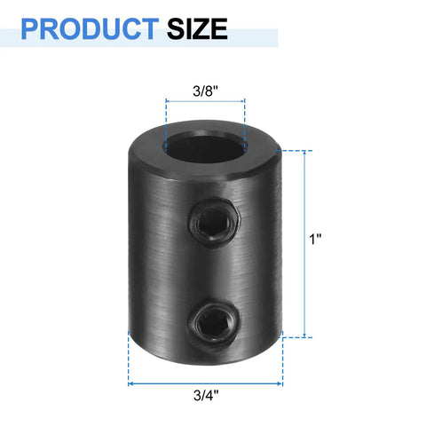 Rigid Shaft Coupling 3/8 Bore 3/4 OD 1 Inch Length Black Oxide Steel With Hex Wrench And 2 Screws Per Piece For 3D Printers Motors And Wheel Setups on white background
