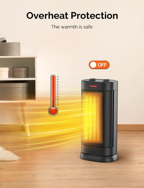Two-Second 1500W Indoor Space Heater With PTC Ceramic Core showcasing overheat protection feature in a living room setting