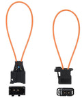 Front and side views of Mellbree 2-piece fiber-optic bypass loop adapters with orange loops for automotive diagnostics.